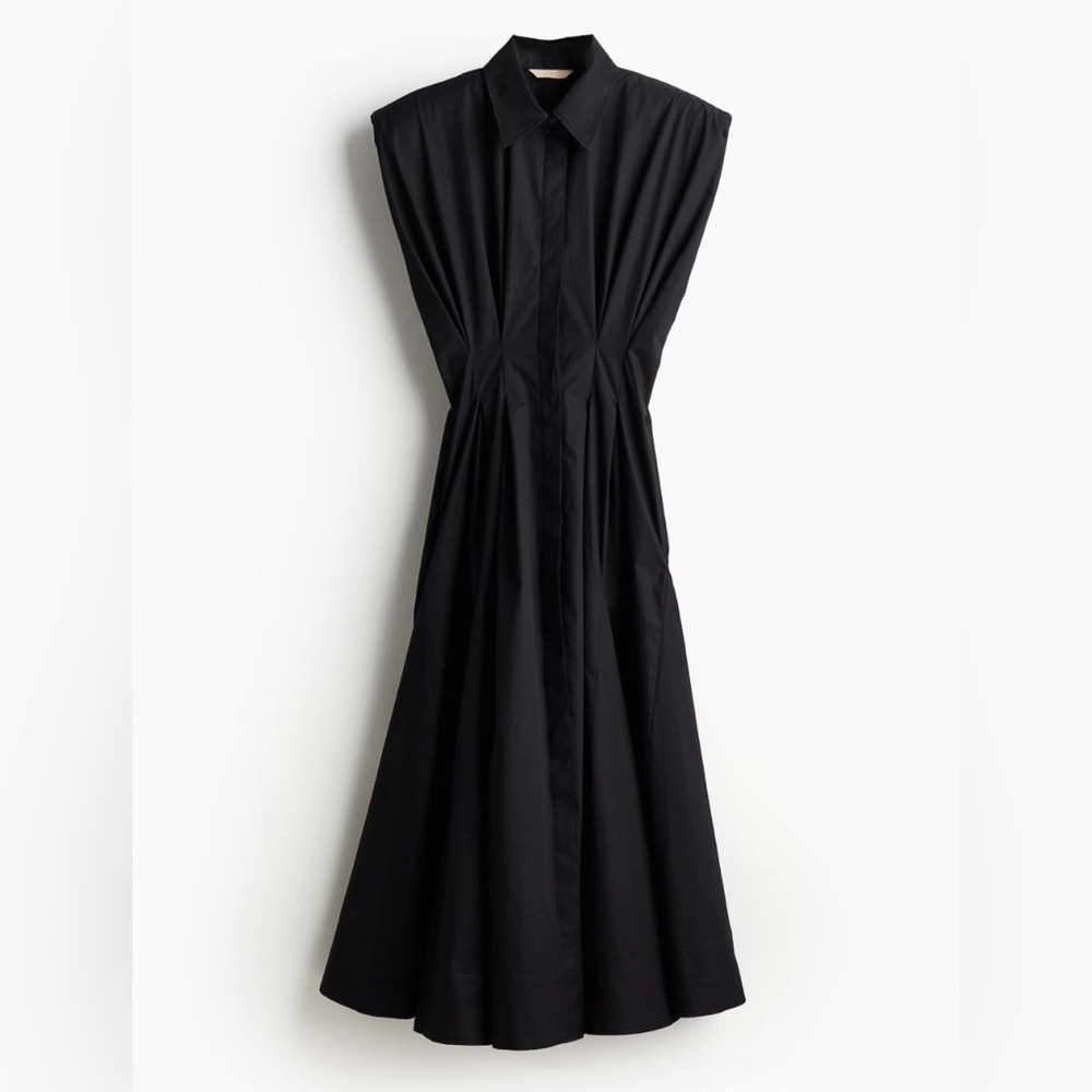 H&M Sleeveless Black Pleated Structured Midi Shirt Dress size M Medium